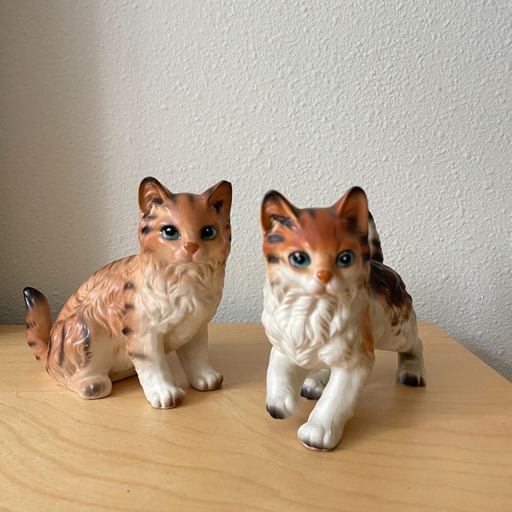 60s vintage cat figurines midcentury Lefton Japan retro kitsch cottage set of 2